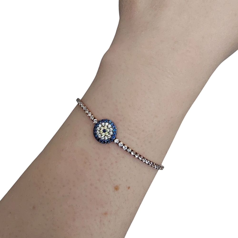 Sterling Silver '925' Gold Vermeil Clear Rhinestone Evil Eye Tennis Bracelet - Picture 4 of 10